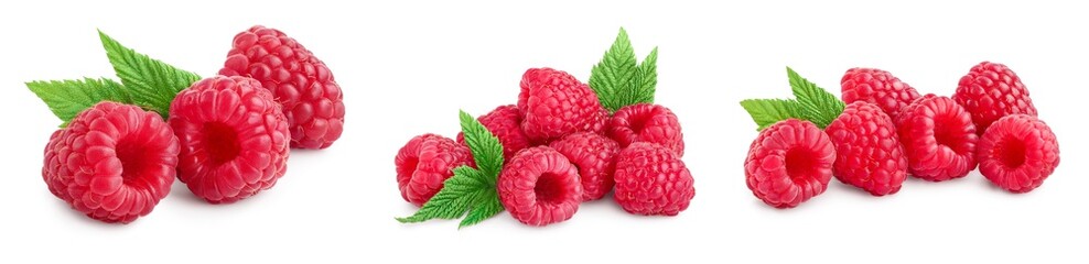 Ripe raspberries with leaf isolated on a white background, Set or collection - obrazy, fototapety, plakaty