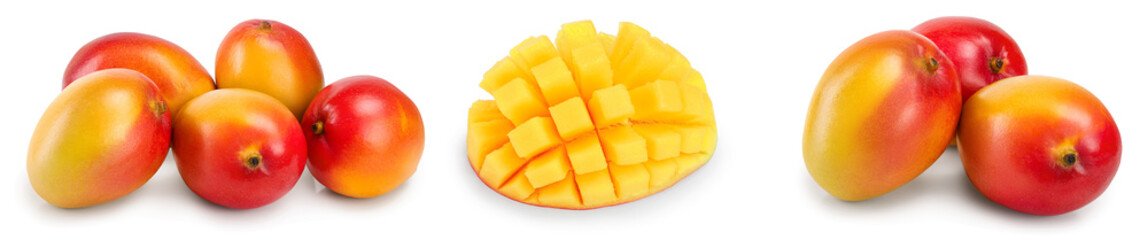 Mango fruit half with leaves and slices isolated on white background close-up. Set or collection