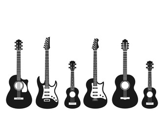 Guitar Silhouettes. electric guitar, Acoustic guitar, and ukulele isolated on white background. Vector illustration