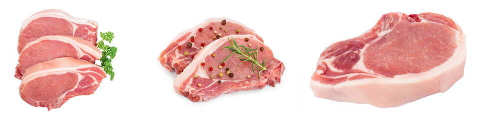 sliced raw pork meat isolated on white background. Top view. Flat lay. Set or collection