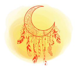 Abstract dreamcatcher on digital painted spot. Colorful aquarelle stain. Hand drawn watercolour splotch