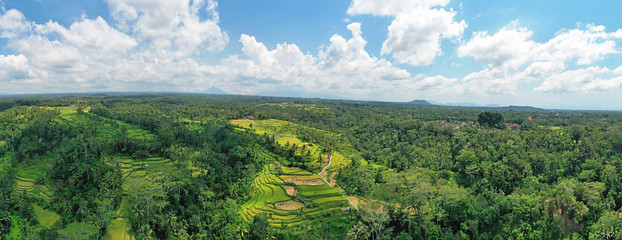Aerial panorama from rice fields in Sidemen on Bali Indonesia