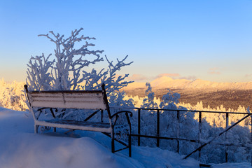 Bench in the mountains, an observation deck.