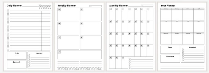 Collection of minimalist life and business planner sheets vector graphic illustration. Daily, weekly, monthly, year planners template. Empty blank notebook page isolated on white