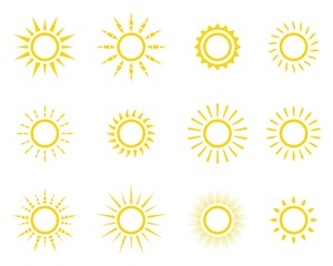 Set of orange and yellow sun icons, vector Illustration