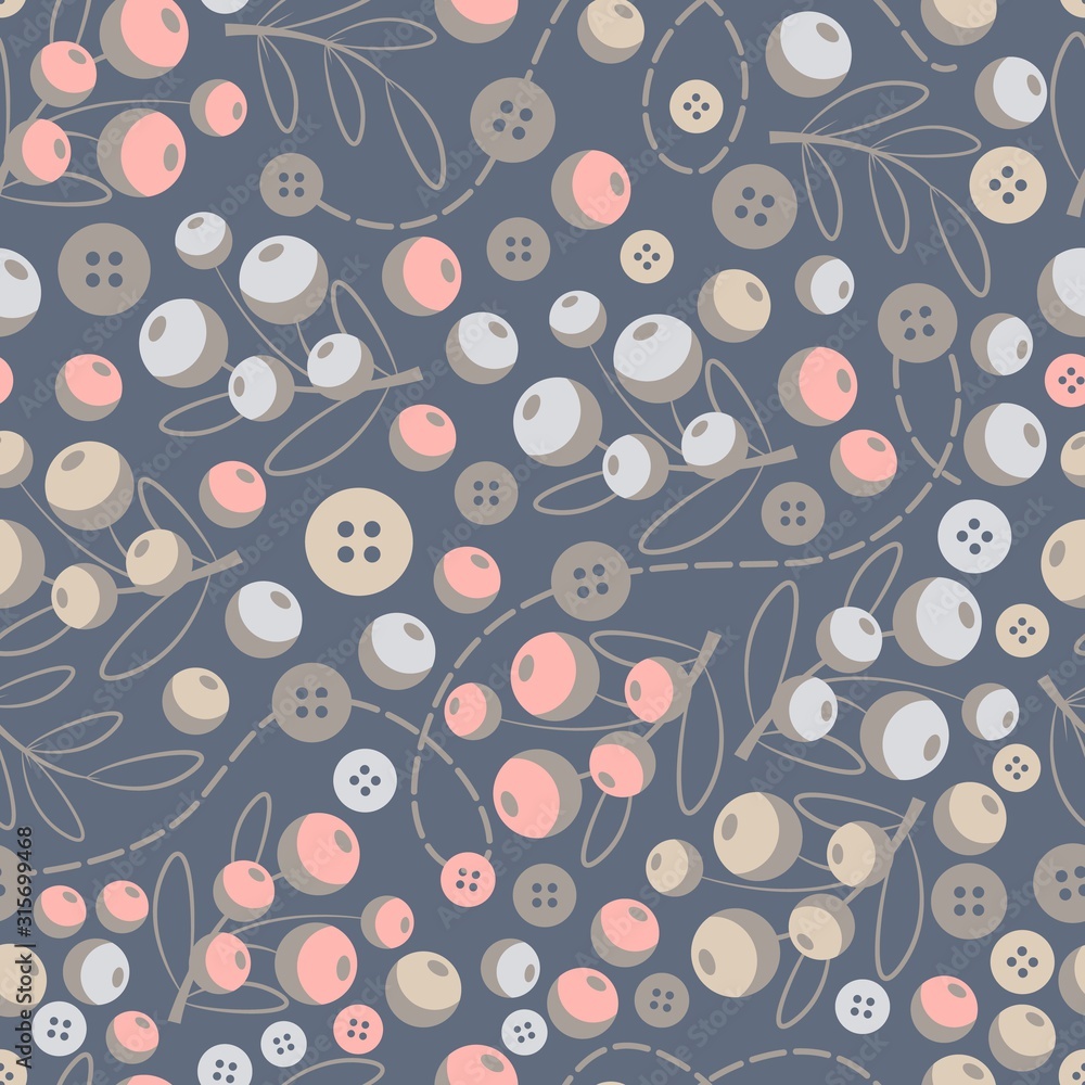 Poster abstract seamless pattern with buttons and leaves. textural background with berries. elements of sew