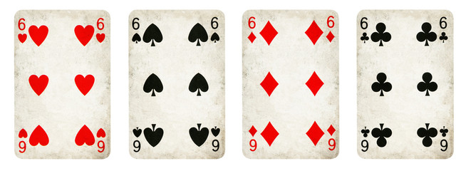 Four Vintage Playing Cards Isolated on White Background, Showing Six from Each Suit - Hearts, Clubs, Spades and Diamonds