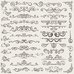 Vector set of calligraphic design elements and page decorations. Elegant collection of hand drawn swirls and curls for your design. Isolated on beige background - obrazy, fototapety, plakaty