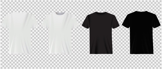 Set of white and black t-shirts on a transparent background. Classic shirts, casual wear. - obrazy, fototapety, plakaty