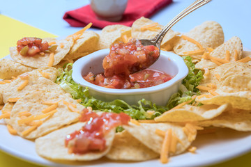 Focus on spoon with salsa.