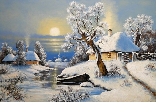 Oil paintings rural landscape, winter landscape with trees and snow, boat in river. Fine art.