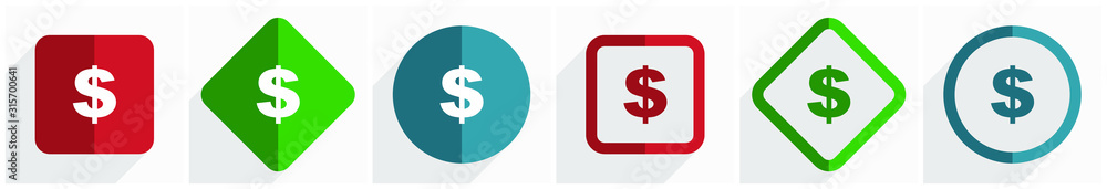 Aufkleber Dollar icon set, flat design vector illustration in 6 options for webdesign and mobile applications in eps 10