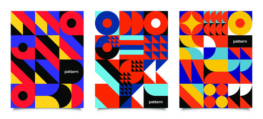 Retro swiss graphic posters with geometric bauhaus shapes. Vector abstract backgrounds in old modernism style. Vintage journal covers. Annual poster colorful shape illustration