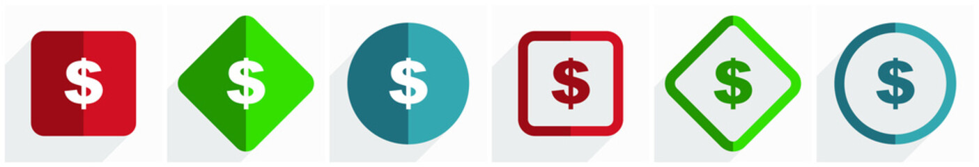 Dollar icon set, flat design vector illustration in 6 options for webdesign and mobile applications in eps 10