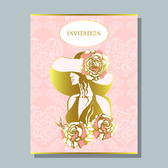 greeting invitation card template design with beautiful woman. Design for banner, flyer, invitation, poster, web site or greeting 