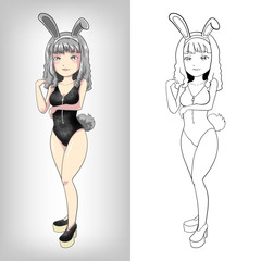 vector illustration of a cute bunny girl who has silver hair in both colored and line art