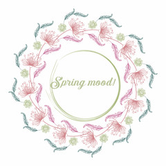 Fototapeta na wymiar Round decorative frame with flowers, spring mood. Vector illustration