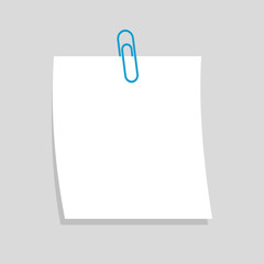 Vector illustration of white note paper with paperclip. Isolated.