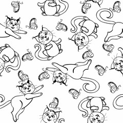 Obraz premium Seamless pattern with cute cat and butterfly.