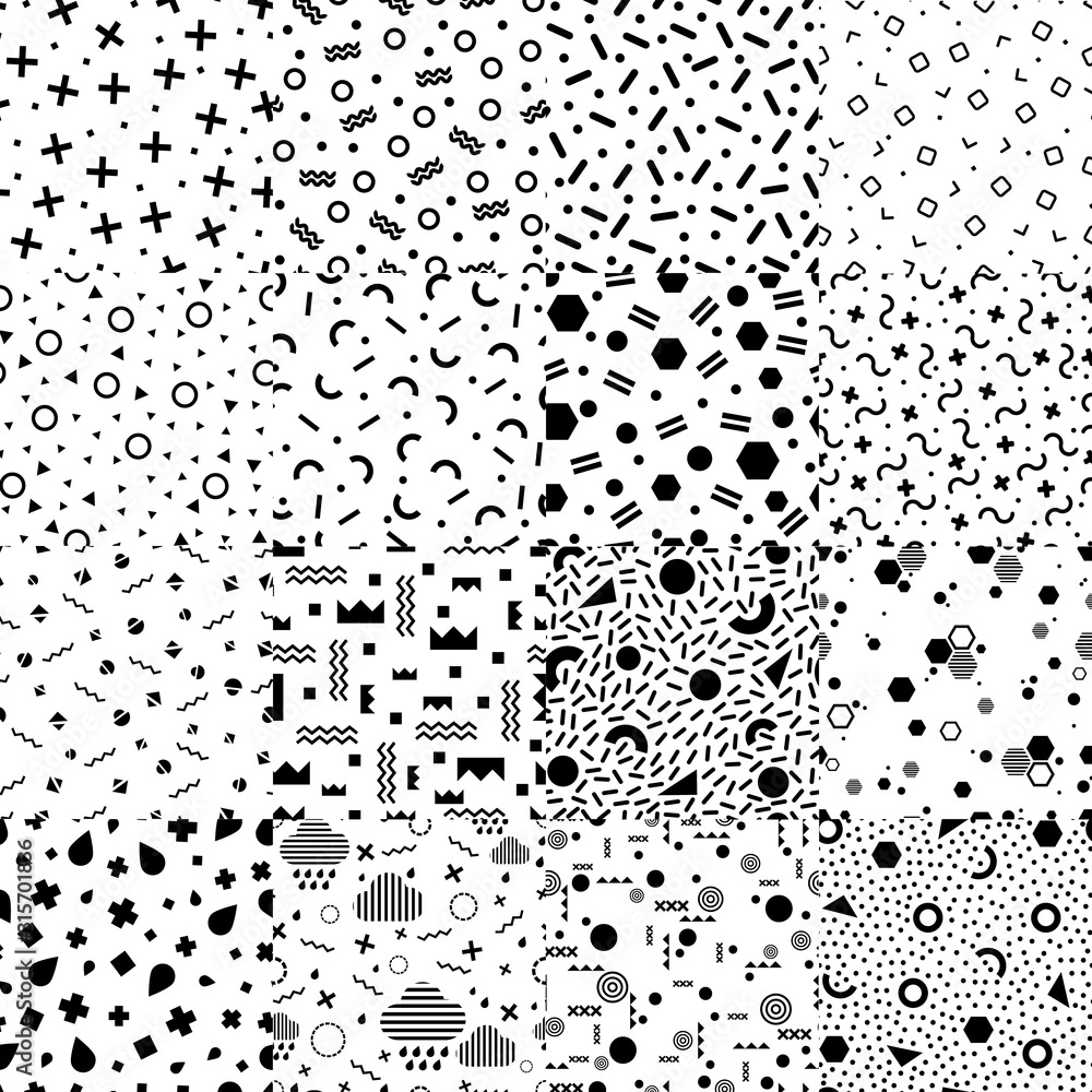 Poster set of abstract seamless patterns in memphis style. black and white textured backgrounds with geomet