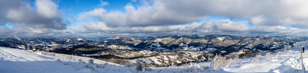Fototapeta na wymiar Panoramic view from mountain Zakhar Berkut, Carpathian mountains, Ukraine. Horizontal outdoors shot