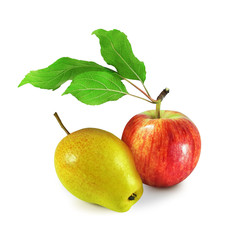 Ripe red variegated apple with three lush leaves and yellow pear isolated on white background. Colorful glossy fruits for label or pack.      