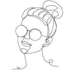 Young fashion woman with glasses one line drawing on white isolated background. 