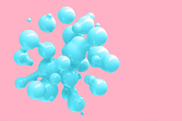 Abstract three-dimensional background of many flying droplets of viscous liquid. 3D illustration, 3D render. Stock illustration