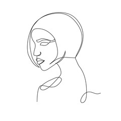 Young fashion woman with short hair one line drawing on white isolated background