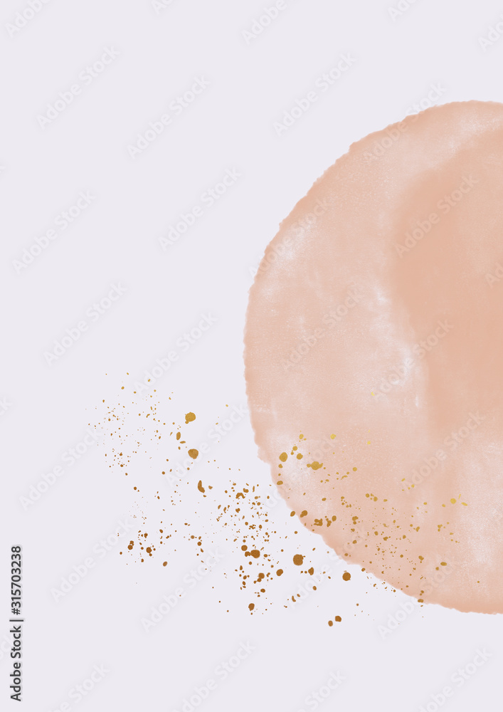 Wall mural delicate pink watercolor stain with golden splashes. modern background with abstract shape. pastel t