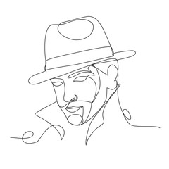 Young man in a hat one line drawing on white isolated background
