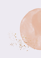 Delicate pink watercolor stain with golden splashes. Modern background with abstract shape. Pastel texture. Beautiful template for invitation card, invitation or announcement.