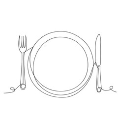 Empty plate, fork, and knife. Table setting one line drawing on white isolated background