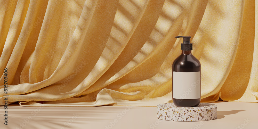 Poster minimal background for branding and product presentation. cosmetic bottle on cream terrazzo on yello