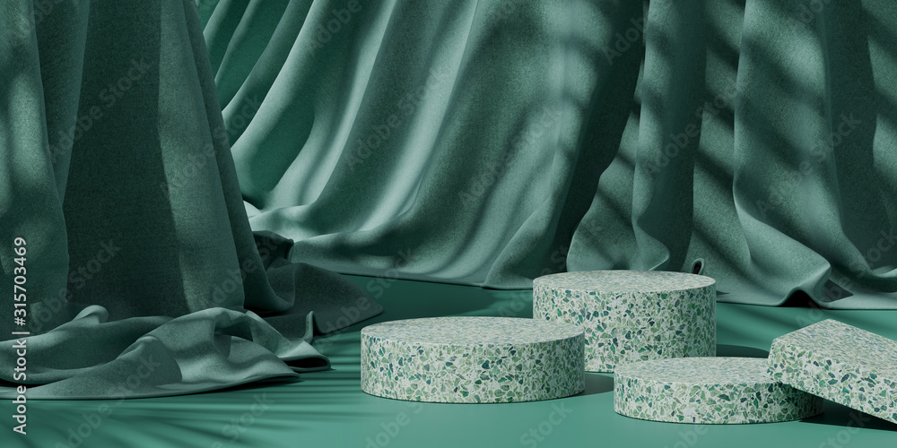 Poster minimal background for branding and product presentation. green terrazzo on green fabric background 