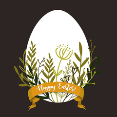 Happy Easter egg shape with nature plants ornaments pattern and yellow ribbon. Vector illustration.
