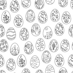 Easter seamless pattern. Hand drawn doodle easter eggs nature ornaments on white background. Wrapping paper design template. Vector.