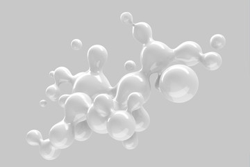 Abstract three-dimensional background of many flying droplets of viscous liquid. 3D illustration, 3D render. Stock illustration
