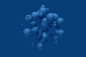 Abstract three-dimensional background of many flying blue droplets of viscous liquid on a blue background. 3D illustration, 3D render. Stock illustration