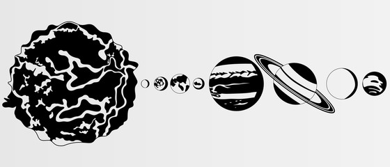 Black and white images of the solar system, all the planets. Sun, earth, Mars, Uranus, mercury, etc.