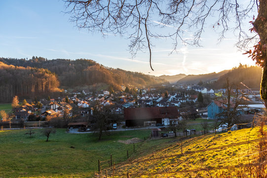 Small city at sunrise. Bauma, Switzerland