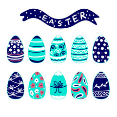 Spring easter hand-drawn decor elements. Set of cute decorative easter eggs for design cards, print