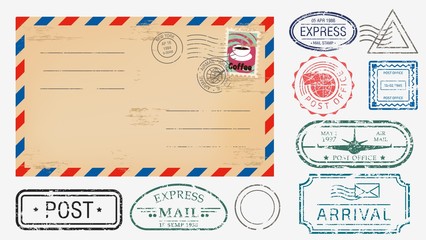 Realistic envelope with various stamps set vector graphic illustration. Mail postcard with collection of printing stamp vintage style isolated on white background