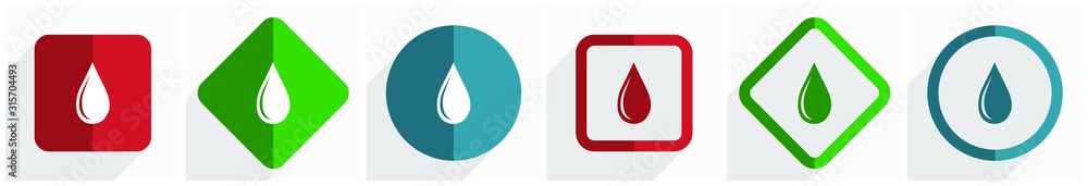 Fototapete water drop icon set, flat design vector illustration in 6 options for webdesign and mobile applicati