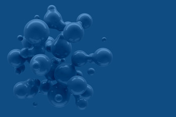 Abstract three-dimensional background of many flying blue droplets of viscous liquid on a blue background. 3D illustration, 3D render. Stock illustration