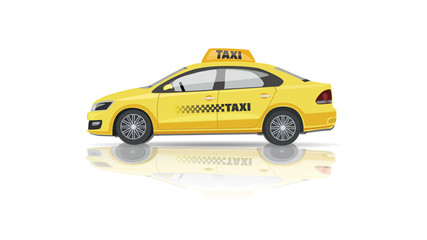 Taxi. Yellow car. Taxi order concept. Vector flat illustration isolated on white background. Design element for label and poster.