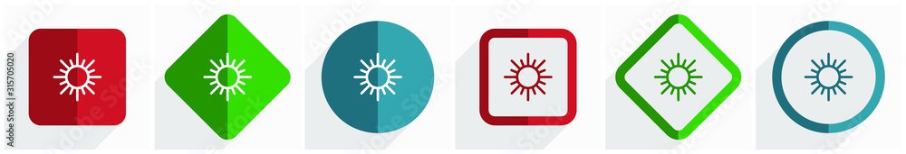 Poster Sun icon set, flat design vector illustration in 6 options for webdesign and mobile applications in eps 10
