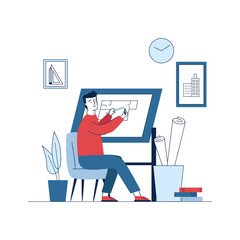Architect working on plan at drawing board. Sitting man measuring length with ruler flat vector illustration. Architecture, planning, drafting concept for banner, website design or landing web page