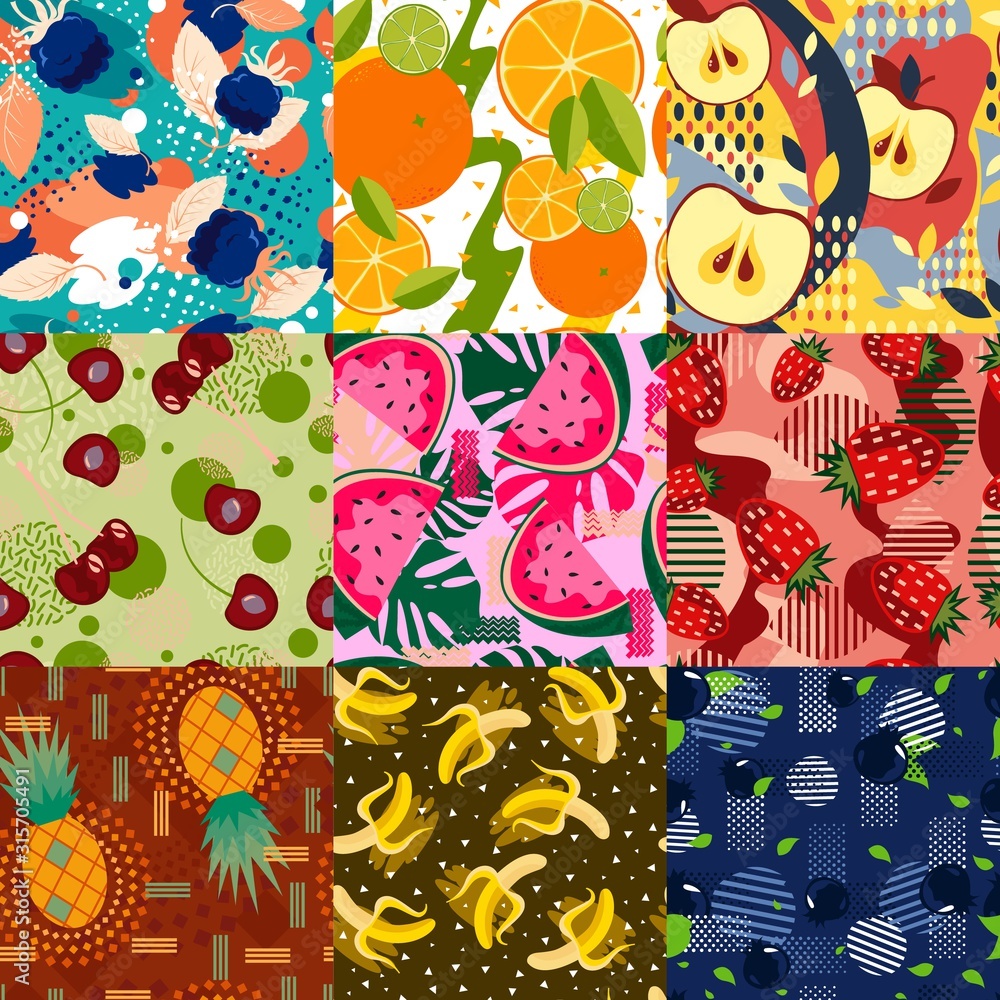 Poster set of abstract bright fruit seamless patterns. background with fruits and geometric elements. textu