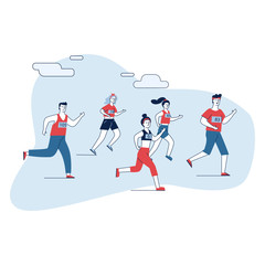 Group of male and female sportsmen running marathon. People in sportswear jogging flat vector illustration. Sport activities, competition concept for banner, website design or landing web page